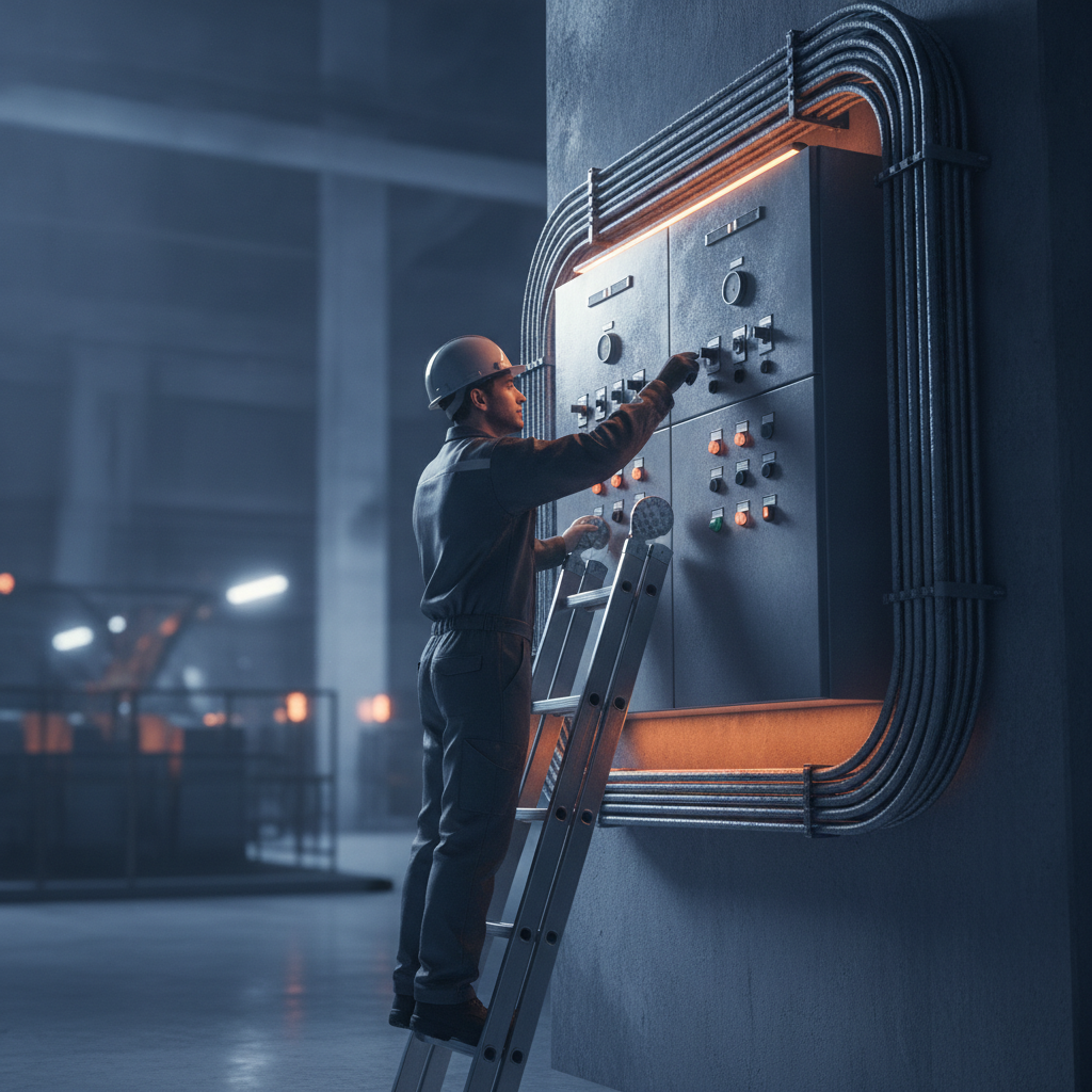 Eletricista subindo em escada para acessar painel de controle industrial