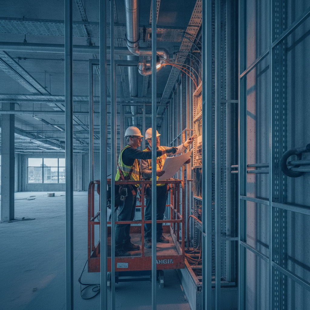 Equipe de eletricistas trabalhando na infraestrutura elétrica de um edifício comercial