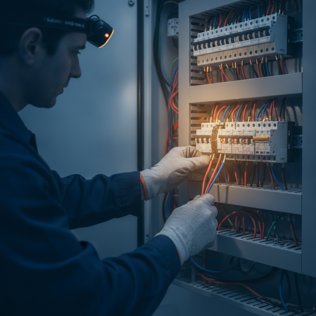 Eletricista instalando disjuntores em quadro de distribuição elétrica conforme a NBR 5410