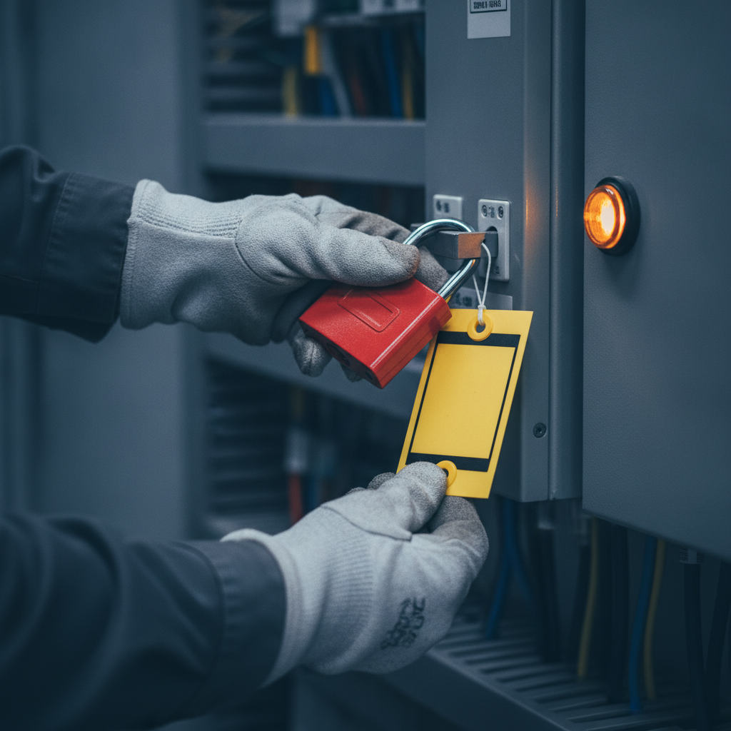 Mãos de eletricista aplicando cadeado e etiqueta de bloqueio (lockout-tagout) em um painel elétrico